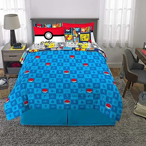 color azul Pokemon Juego de funda de edredón doble oficial gama de dormitorio con fundas de almohada a juego Doble diseño reversible de 2 caras 