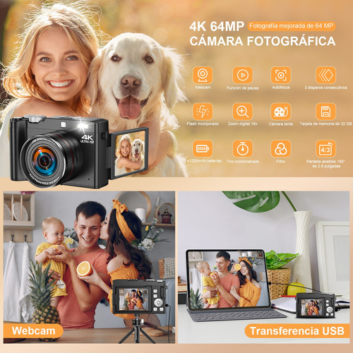 Cámara Digital 4k 64mp Con Pantalla Rotación 180° Dc077