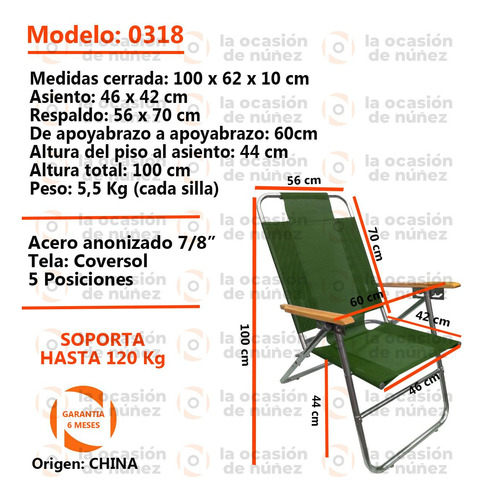 Reposera Sillon 5 Posiciones Apoyabrazo Madera Playa Camping