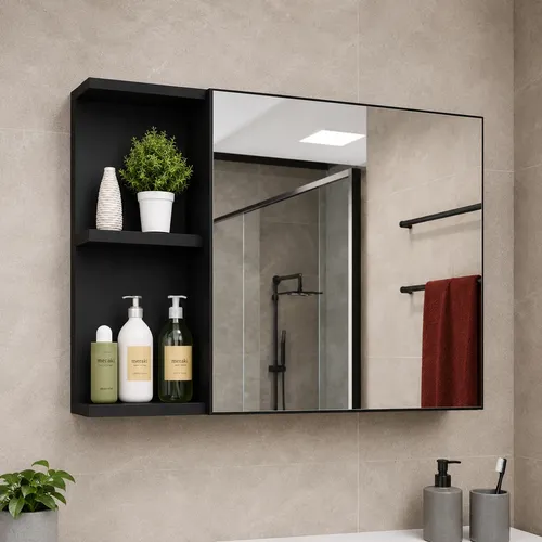 Armário Banheiro Espelharia Parede C/ Porta Prateleira Luxos Preto