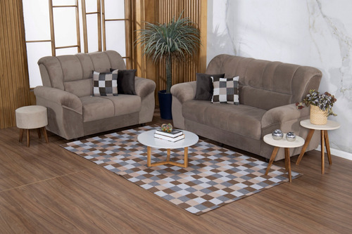 Tapete Jacquard 2,50 Metros + 4 Capas De Almofada Geométrica Comprimento 2.5 M Cor Tabuleiro Avelã C/ Tabaco Desenho Do Tecido Quadriculado Largura 1.45 M