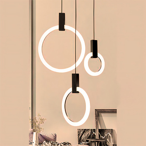 Lustre Luminária De Led 3 Argolas Duplo Alto Moderno para escada mesa de jantar sala Cor Preto 127/220V 47W 127/220V Casa Attract