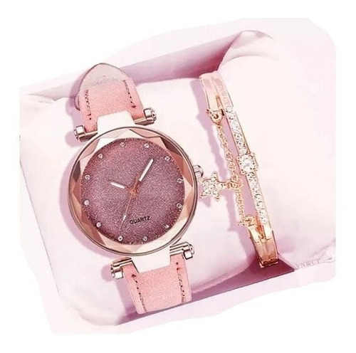 Reloj Pulsera De Cuero Simil Más Pulsera Con Strass