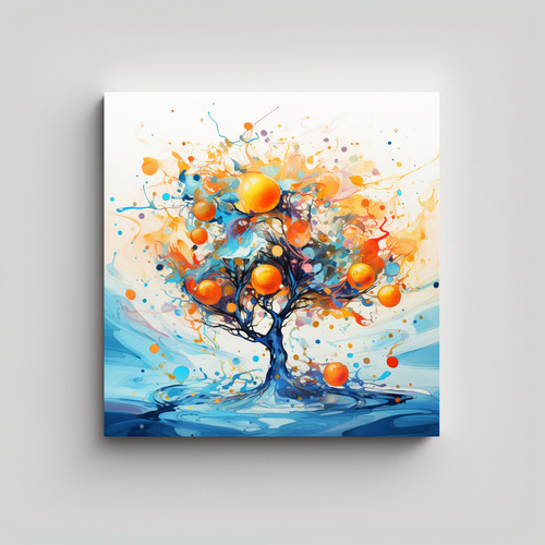 20x20cm Cuadro Abstracto Árbol Frutal Naranja Azul Arte Abs