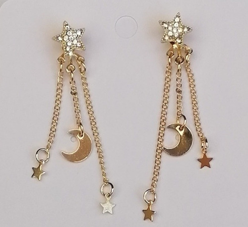 Imagen 1 de 3 de Aretes Dorados Estrella Luna Largos Moda Mujer Circonias