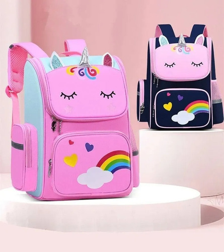 Mochila Escolar Semirigida Unicornio Arcoíris Niños Bolsillo Azul Y Rosa