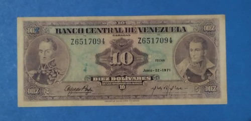 Billete De 10 Bs De 1971 Z-7, Difícil.