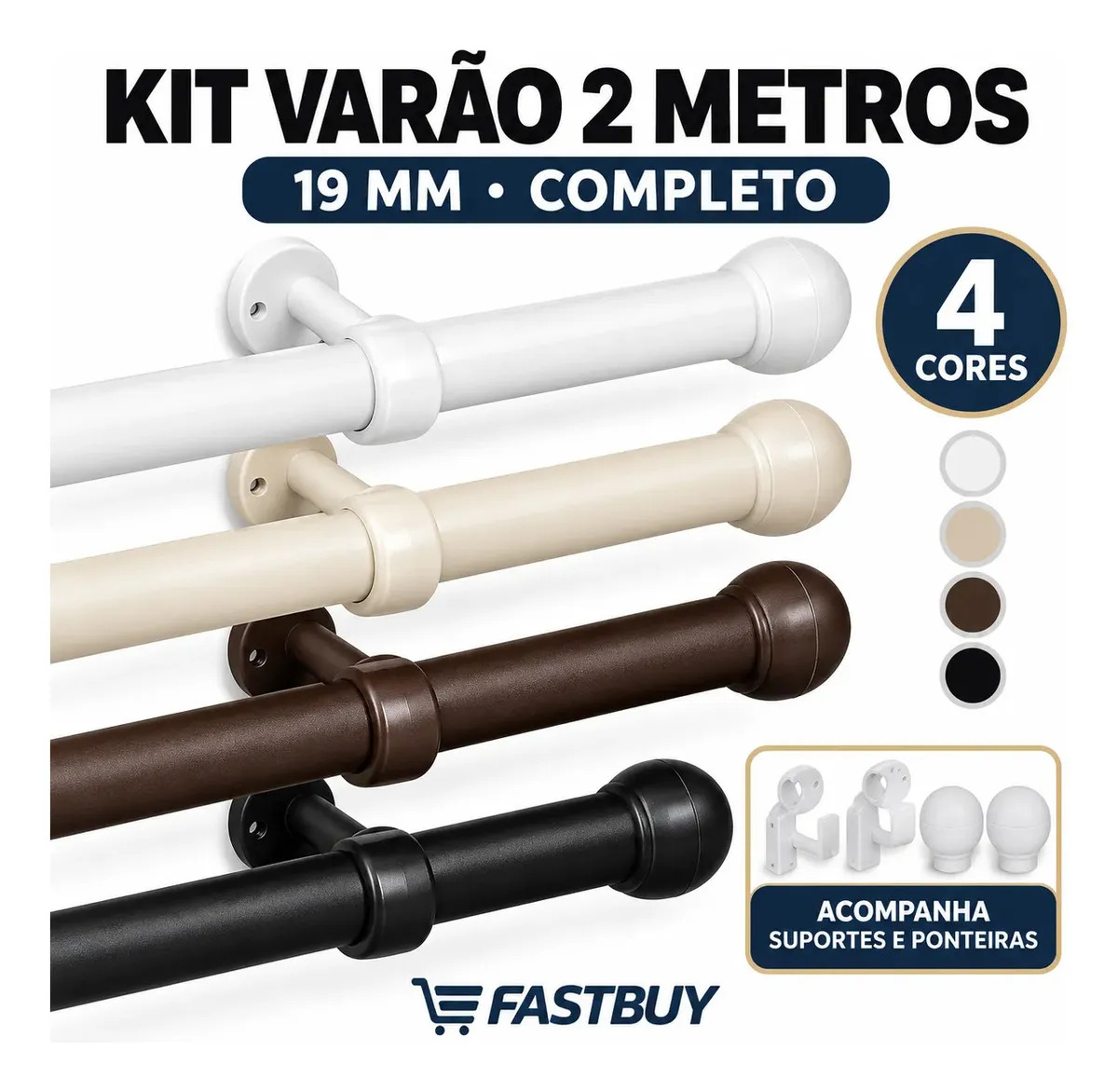 Varão para Cortina 2 Metros 19mm Kit Completo Suportes e Ponteiras