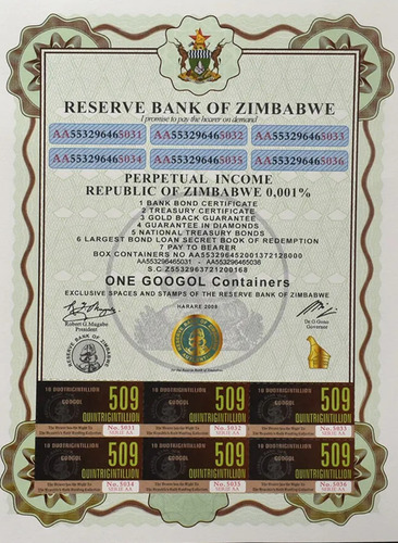 Pergaminos De Contenedores Zimbabwe Denominación. Googol 509