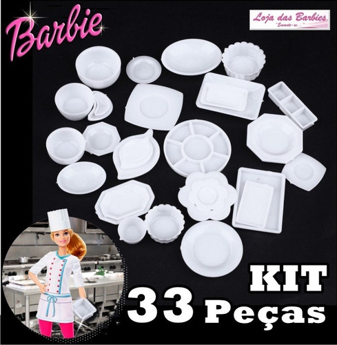 Kit Miniatura Cozinha P/ Casa De Boneca Barbie Pratos 33 Pcs