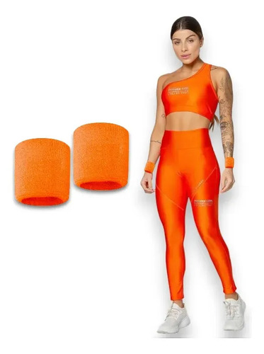 02x Munhequeiras Pulso Toalha Preta Unissex Academia Laranja Único