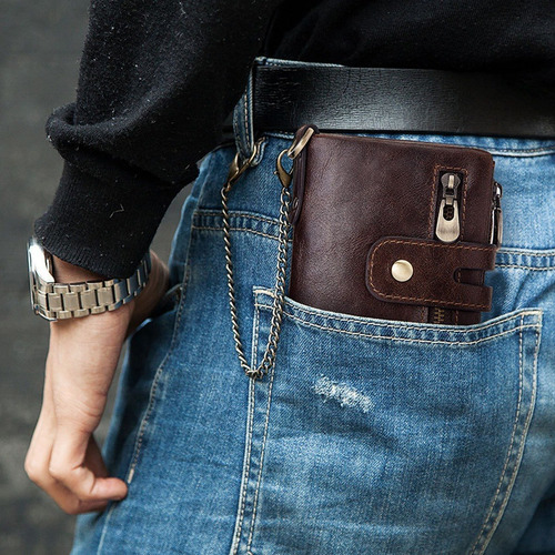 Cartera De Cuero Genuino Para Hombre Con Cadena Antirrobo Y