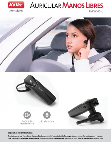 Imagen 5 de 6 de Auricular Bluetooth Kolke Kaw-196 Manos Libres Single