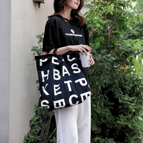 Bolso Tote Bag De Mano Cartera De Lona Tendencia Shopper Color Azul Oscuro Diseño De La Tela Estampado Con Asa Corta