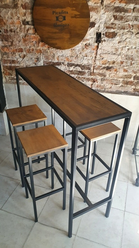 Imagen 3 de 7 de Mesa Barra Desayunador 120x40 4 Taburetes Hierro Y Madera