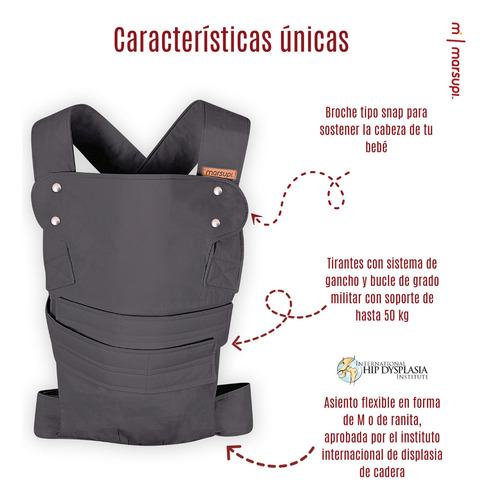 Marsupi Classic Cangurera Ergonómica para Bebé Color Gris Algodón orgánico de 3.5 a 15 kg Marca europea aprobada por Hip Dysplasia Institute de fácil ajuste y colocación Talla L