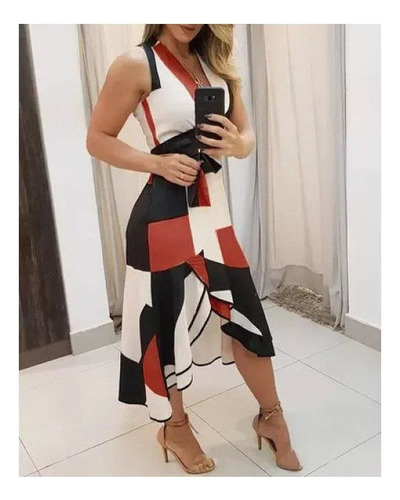 Vestido De Mujer Sexy Con Cuello En V Sin Mangas Impreso Con