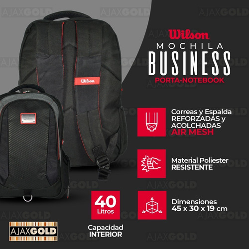 Imagen 3 de 10 de Mochila Porta Notebook 17 Wilson Urbana Reforzada Deportes