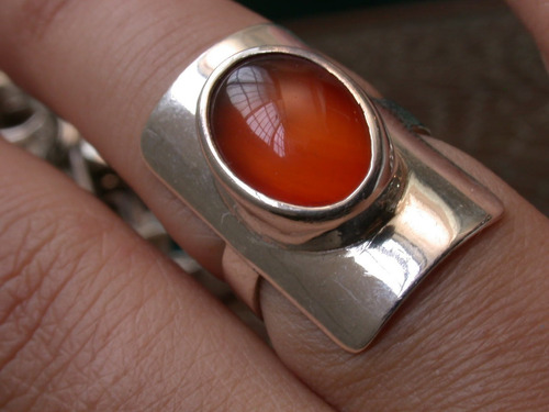 Luli Anillo Plata 925 Piedra Agata Fuego Naranja Cabochon