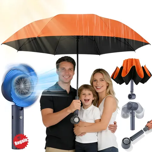 Guarda Chuva Sombrinha Upf50+ C/ Soprador Ventilador Turbo Laranja