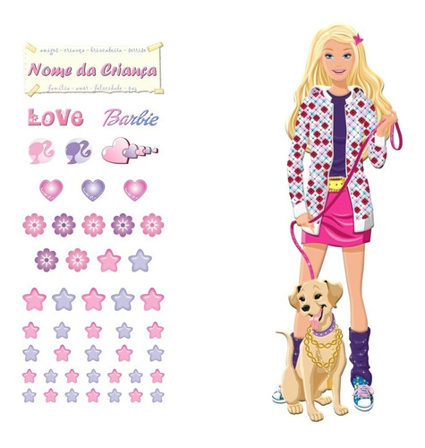 Kit 48 Adesivos Barbie - Nome Da Criança Estrelas Corações