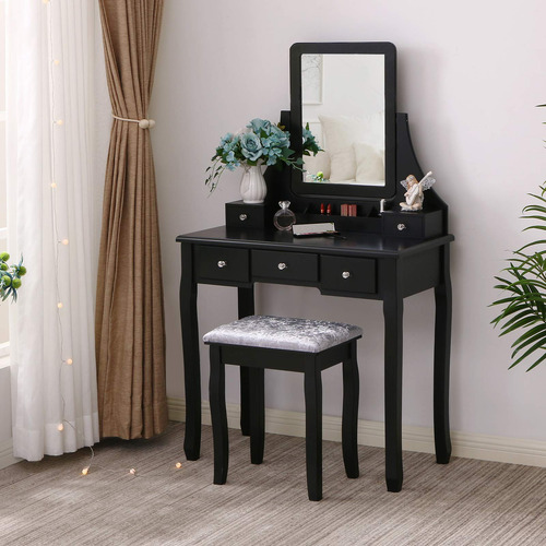 Bewishome Juego De Mesa De Tocador Con Espejo Y Taburete