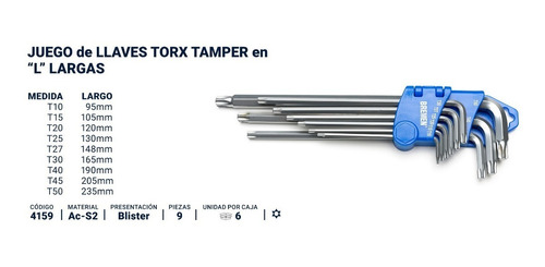 Imagen 2 de 5 de Juego Llaves Torx Largas Bremen 9 Pz T10 A T50 Herramientas Cod. 4159 Dgm