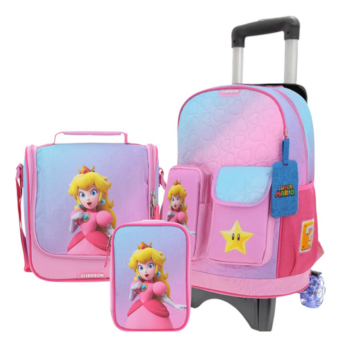 Kit Mochila Lonchera Lapicera Con Ruedas Peach Mb70430-p Rosa Peach