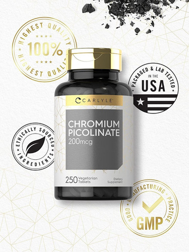 Picolinato De Cromo 200mcg (250 Tabletas) Carlyle Hecho Usa Sabor Nd