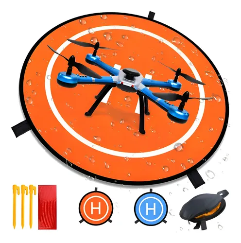 Alfombrilla De Aterrizaje Para Drones De 55 Cm | Impermeable Y Plegable | Doble Cara Naranja Y Azul | Incluye Bolsa Y Estacas