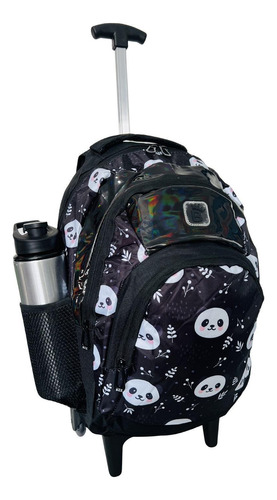 Mochila Bolsa Feminina Rodinhas Panda Escolar Colégio Preto