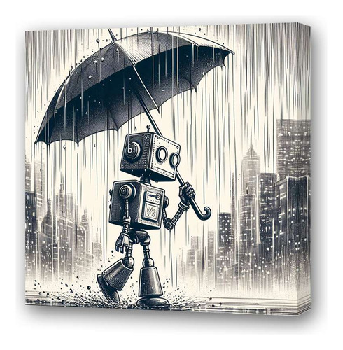 Cuadro 30x30cm Robot Paraguas Lluvia Dibujo Rain Walk M1