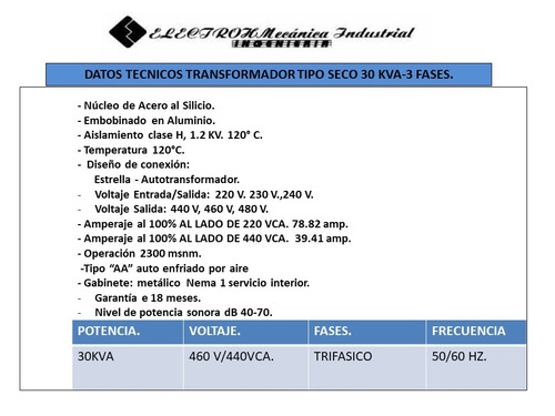 Transformador Tipo Seco De 112 .5 Kva 440-220 V. Trifasico