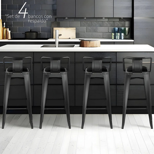 Set 4 Bancos Metálico Alto Tolix Respaldo Barra Comedor Color Negro