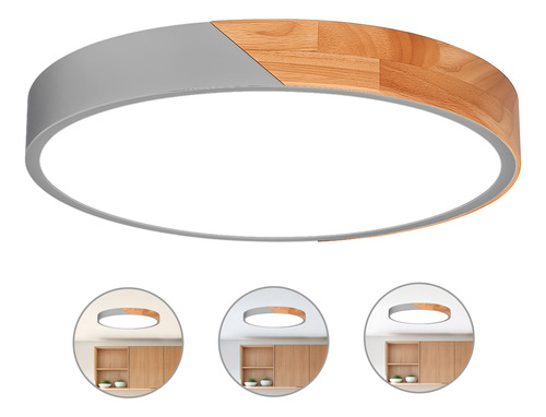 Plafón Techo Led 24w Metal Y Madera 40cm 3 Modos Iluminación