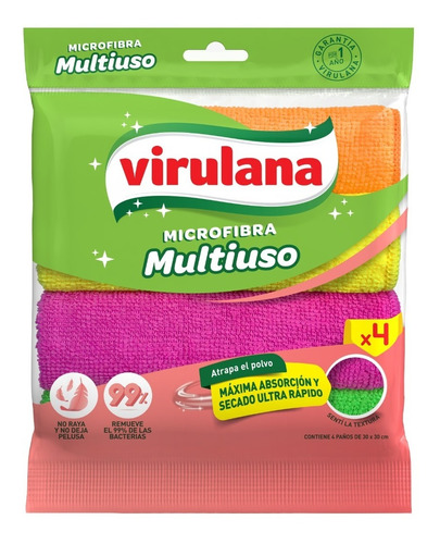 Paño Trapo Microfibra Virulana Multiuso Limpieza Pack X 4 Un