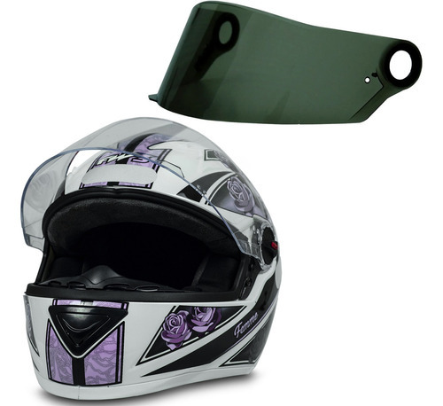 Capacete Fw3 Moto Gt Femme Branco Rosa Tam 60 + Viseira Fumê Desenho Rosas