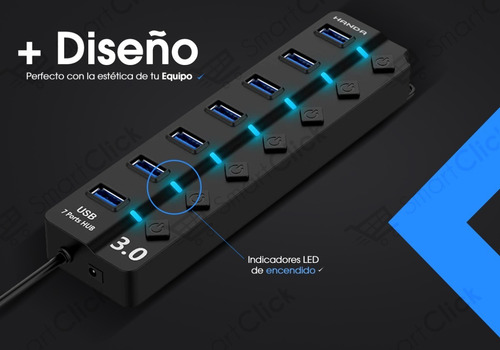 Imagen 3 de 10 de Hub Usb 3.0 Multiplicador 7 Teclas Led 5gbps + Cable Fuente