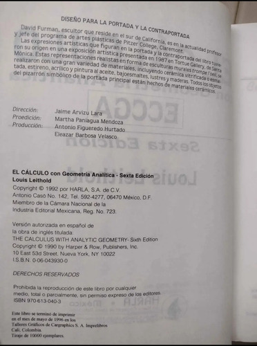 El Cálculo Con Geometría Analítica De Leithold 6ta Edición (Usado)
