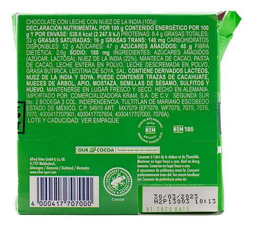 Chocolate Con Leche Y Nuez De La India Ritter Sport 100 G