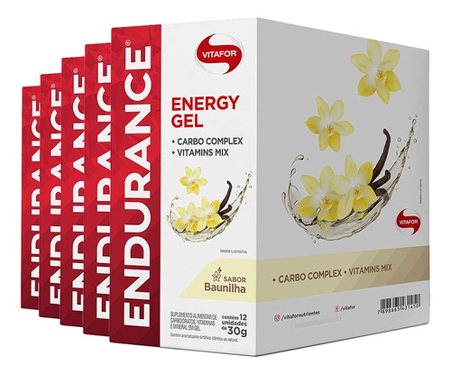 Kit 5 Endurance Energy Gel Vitafor Caixa 12 Sachês Baunilha