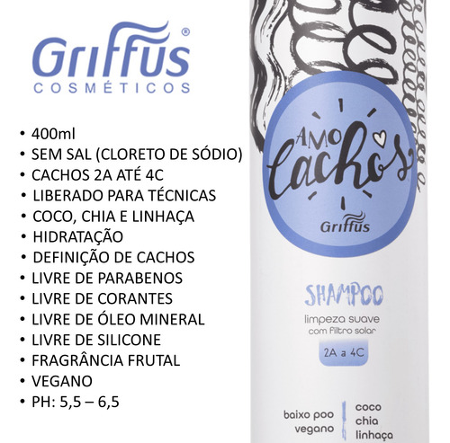 Shampoo Coco Chia Linhaça Amo Cachos Griffus Vegano Sem Sal
