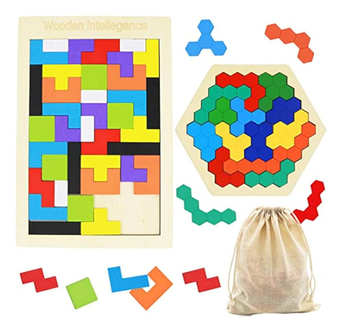 ~? 2 Pack Wooden Russian Blocks Puzzle + Hexagon Puzzles Par