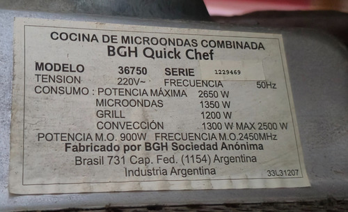 Bgh Microondas.mod 36750 Funciona Todo Menos Perilla. (Usado)