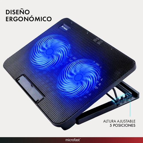 Imagen 4 de 8 de Soporte Base Notebook Luz Led 2 Cooler Potente Ajustable Usb