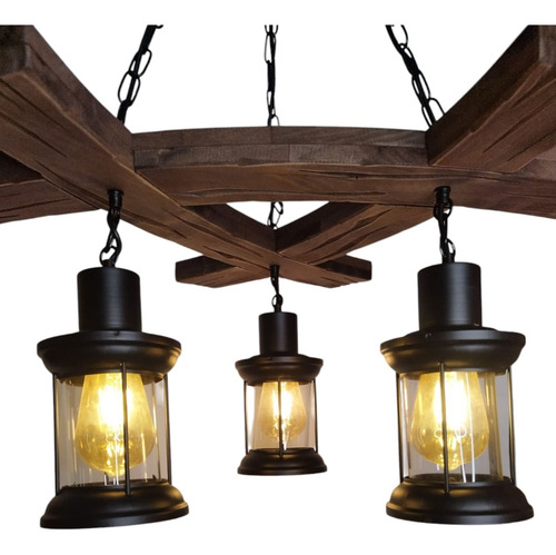 Lampara Rustica Colgante De Techo Madera Y 3 Faroles
