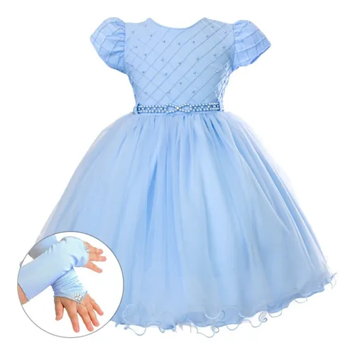 Vestido Infantil Azul Princesa Daminha Casamento Luvas Frete