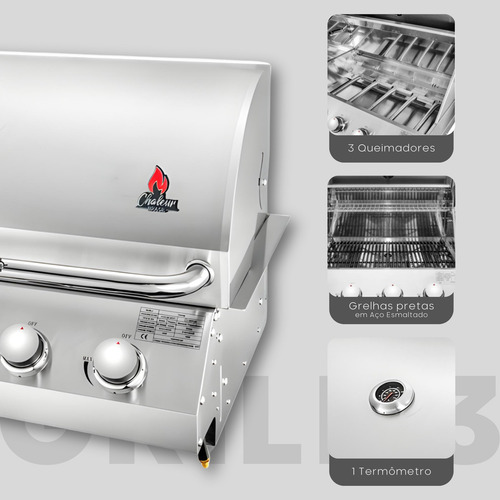 Churrasqueira Chaleur Grill Com 3 Queimadores A Gas De Bancada Embutir Bafo Aço Inox 430 Gás Grande De Espetinho Gourmet Para Frango Americana Churrasco