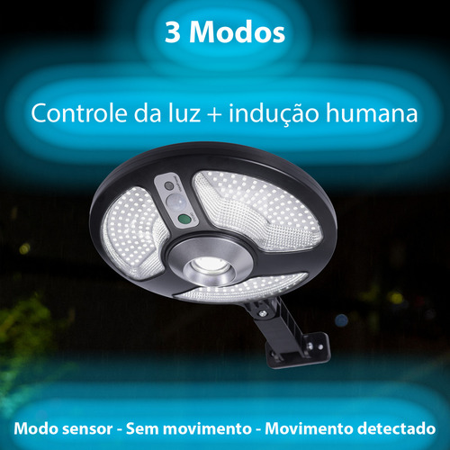 Refletor Holofote Luminaria Led Solar Publica Recarregável 150w Proteção IP66 COB e SMD Sensor De Movimento Cobre Área de 100m² Acionamento Automático 3 Níveis De Luminosidade 6500K Autonomia Até 15h