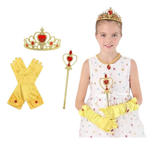 Set Kit Disfraz Princesa Corona Tiara Cetro Guantes Fiesta